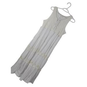 NY COLLECTION! WHITE CRINKLY FINISH COTTON W/LACE INSETS TIERED MAXI DRESS! SZ L